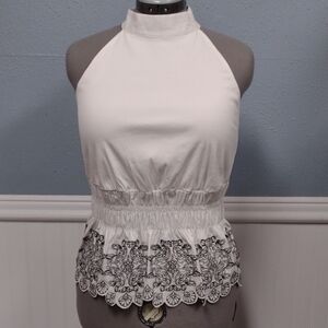 White House Black Market Black and White Smocked Embellished Tank Top